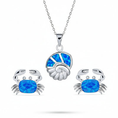 Created Blue Opal Conch Necklace & Crab Stud Earring Jewelry Set Sterling Silver