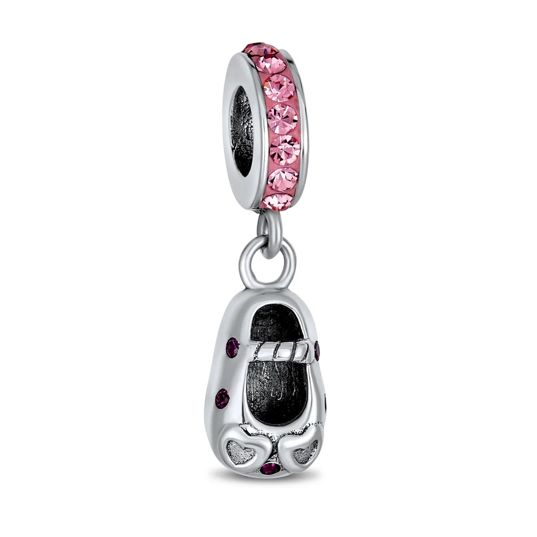 Pink Crystal Heart Shoe Dangle Charm Bead for New Moms Sterling