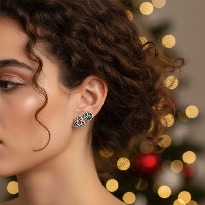 Set of 2 Celtic Infinity Knot & Round Triskele Stud Earrings Oxidized Silver