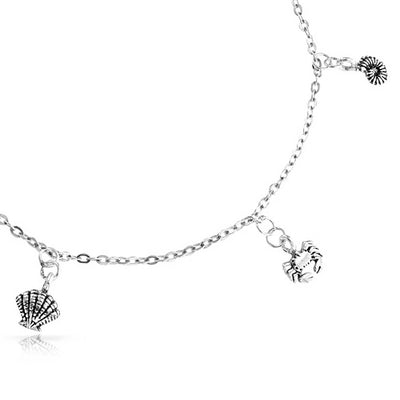 Charm Dangle Starfish Crab Seahorse Concho Sea Anklet Sterling Silver