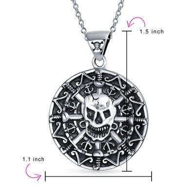 Caribbean Pirate Skull Coin Medallion Pendant Necklace Sterling Silver