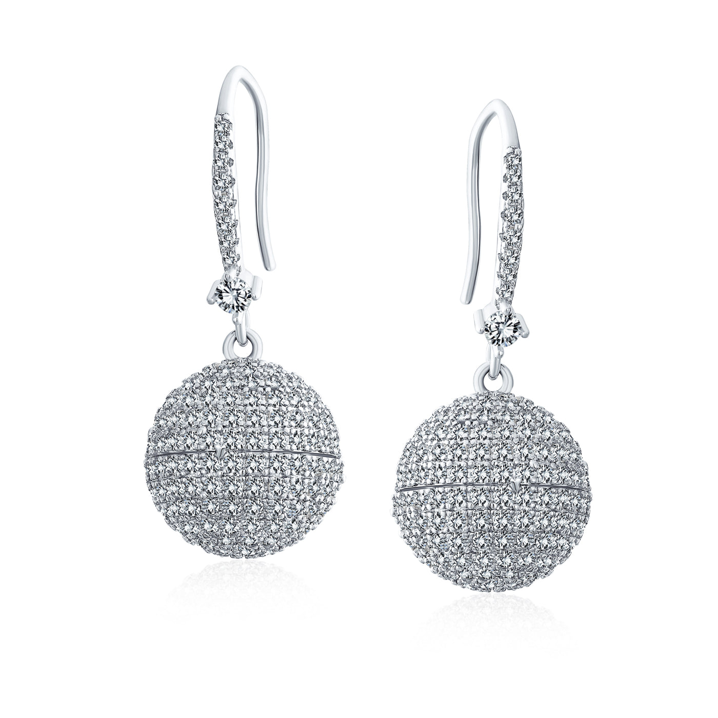 Disco Ball Drop Pave CZ Statement Prom Earrings Round Silver Plated