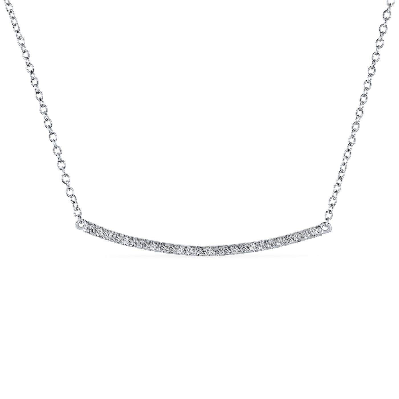 Curve Pave CZ Horizontal Sideway Bar Pendant Necklace Sterling Silver