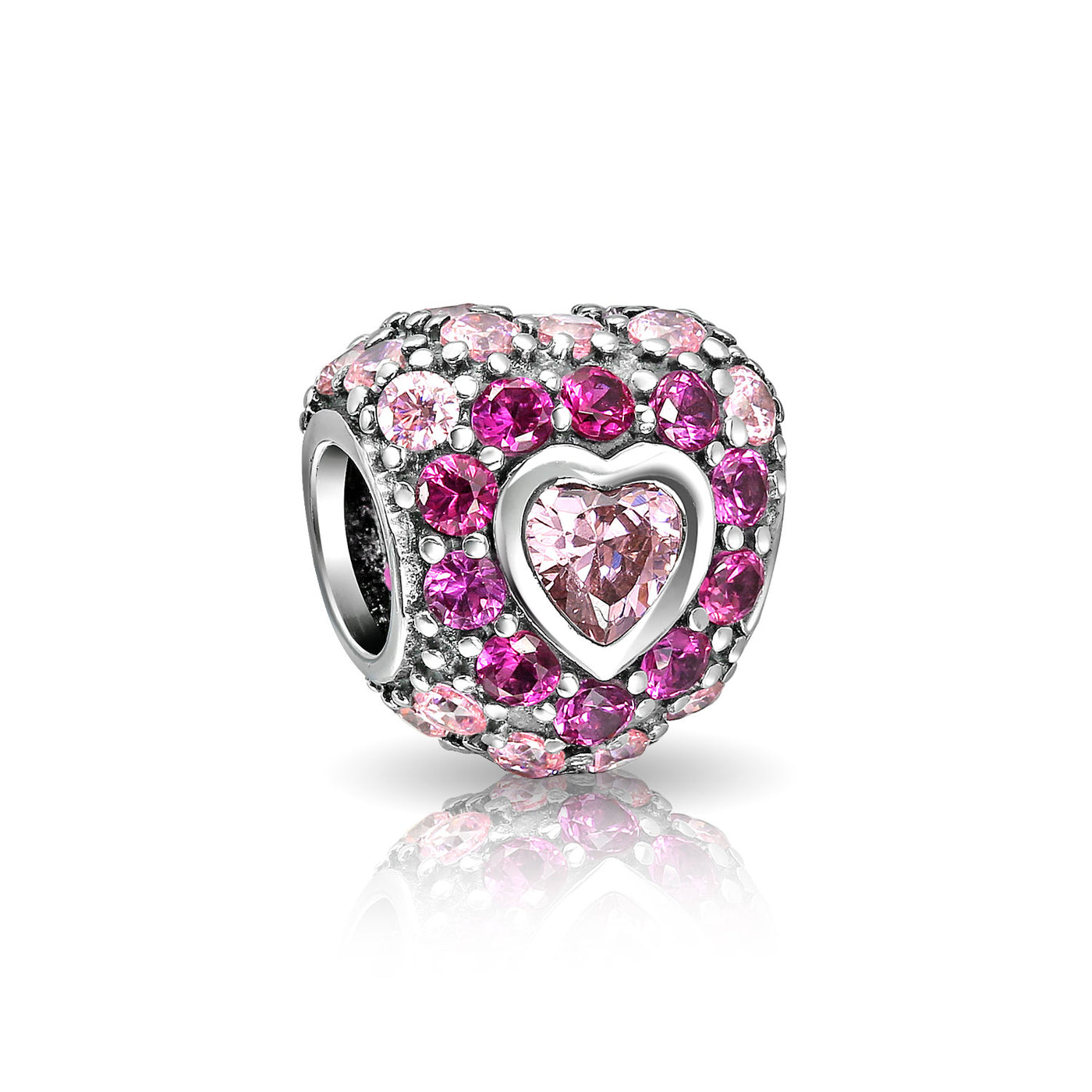 Set of 2 Pink CZ Pave Heart Charm Bead Sterling Silver for European Bracelet