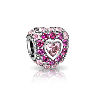 Set of 2 Pink CZ Pave Heart Charm Bead Sterling Silver for European Bracelet