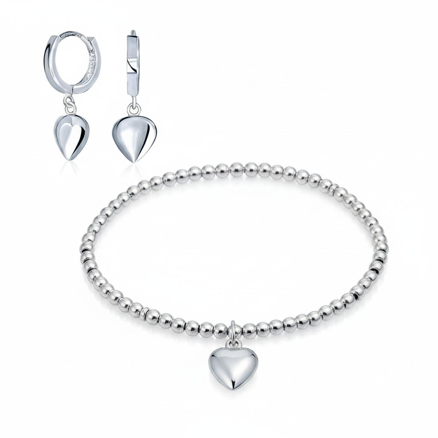 Romantic Heart Charm Stretch Bracelet & Huggie Hoop Earrings Set Sterling Silver