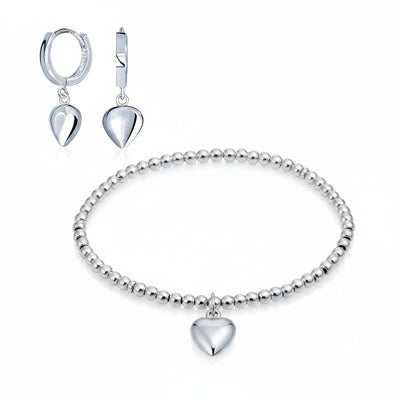 Romantic Heart Charm Stretch Bracelet & Huggie Hoop Earrings Set Sterling Silver