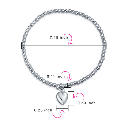 Romantic Heart Charm Stretch Bracelet & Huggie Hoop Earrings Set Sterling Silver