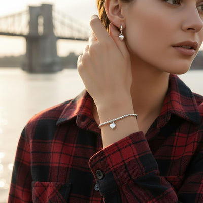 Romantic Heart Charm Stretch Bracelet & Huggie Hoop Earrings Set Sterling Silver