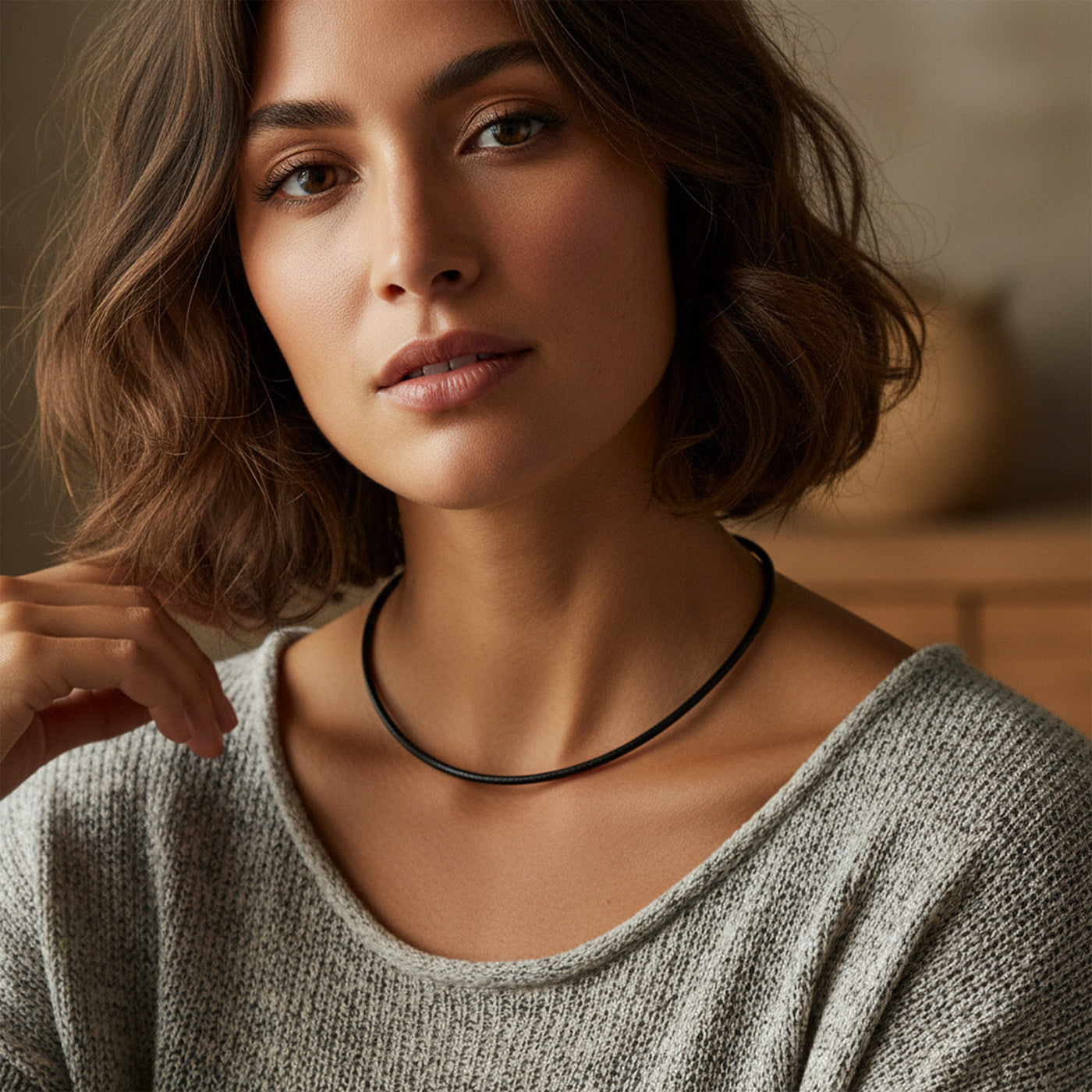 Black Leather Cord Necklace with Silver-Plated Clasp