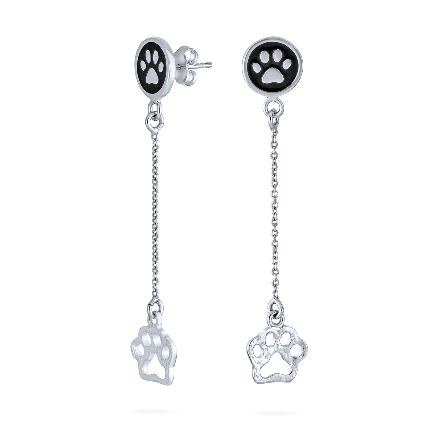 Set of 2 Pet BFF Black Enamel Paw Dangle & Heart Stud Earrings Sterling Silver