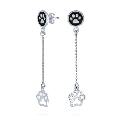 Set of 2 Pet BFF Black Enamel Paw Dangle & Heart Stud Earrings Sterling Silver