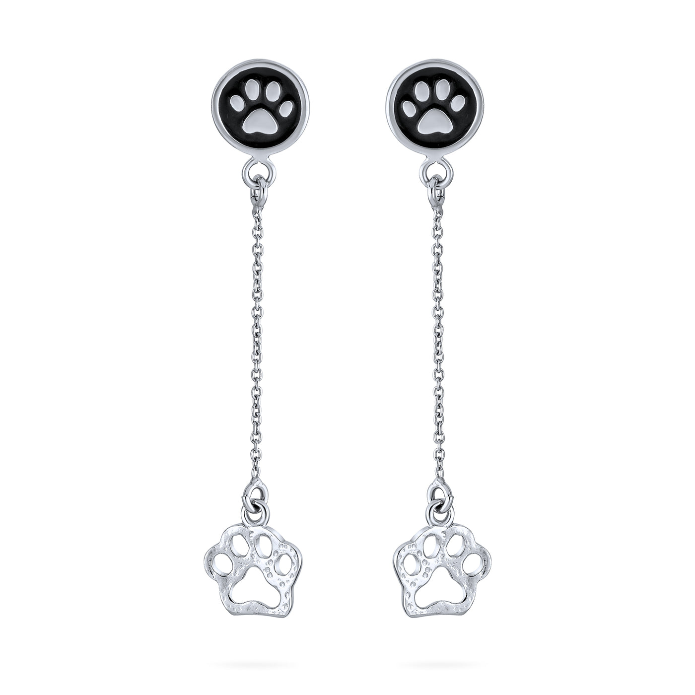 Set of 2 Pet BFF Black Enamel Paw Dangle & Heart Stud Earrings Sterling Silver