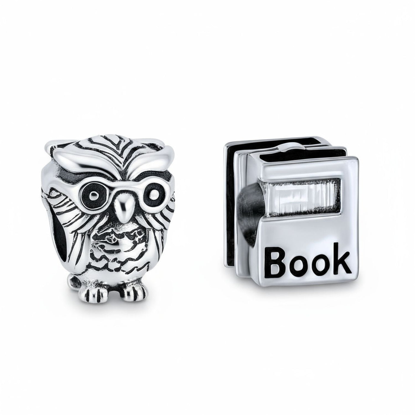Set of 2 Wise Graduate Owl Bird & Book Charm Bead Oxidized Sterling Silver