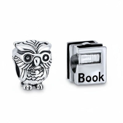 Set of 2 Wise Graduate Owl Bird & Book Charm Bead Oxidized Sterling Silver