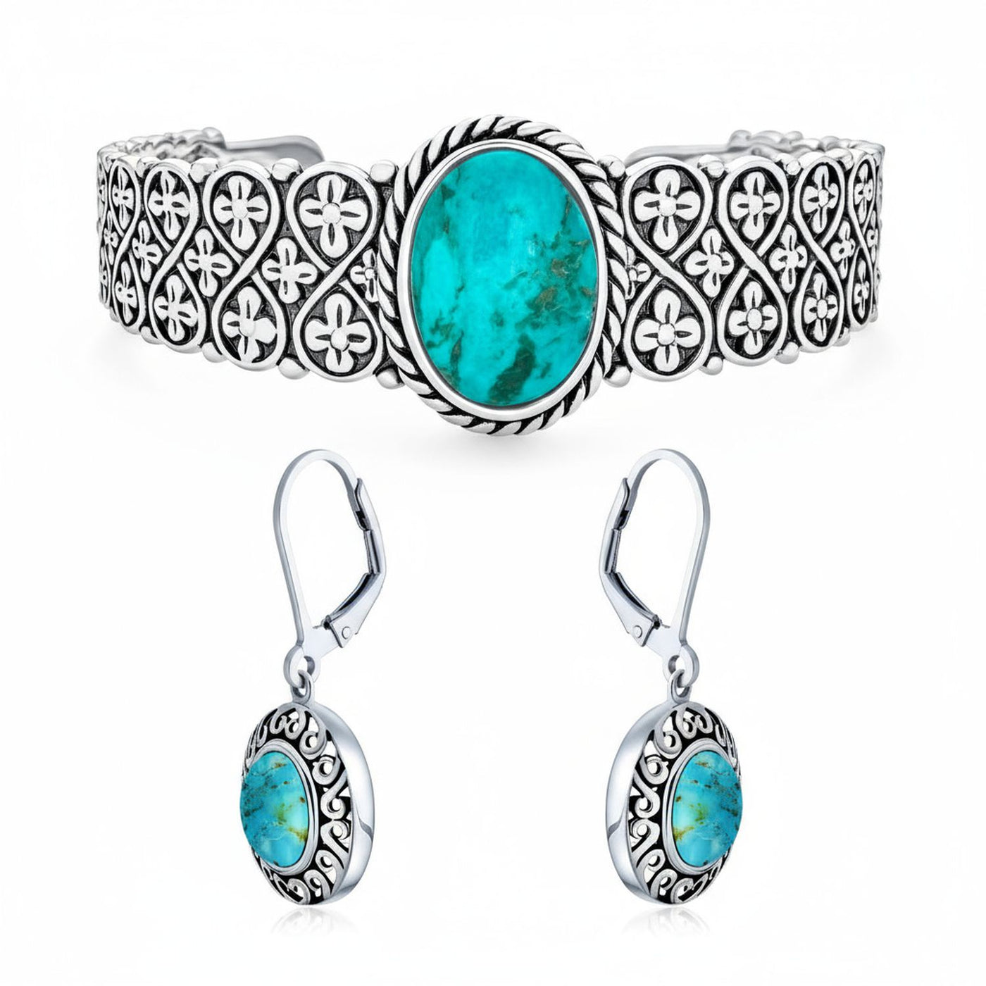 Western Turquoise Gemstone Lattice Bracelet & Dangle Earring Set Sterling Silver