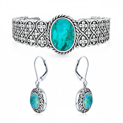 Western Turquoise Gemstone Lattice Bracelet & Dangle Earring Set Sterling Silver