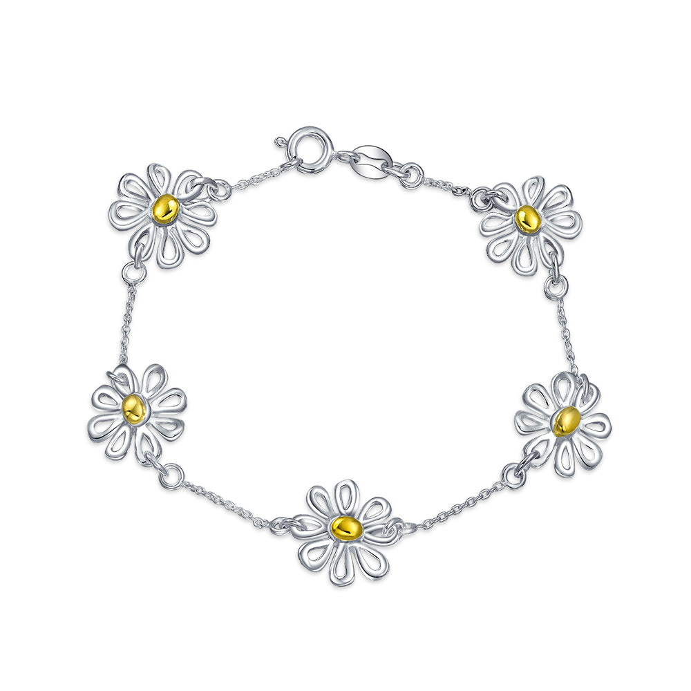 Summer Two Tone Chain Link Bracelet with Sunflower Daisy Charm Gold Plated