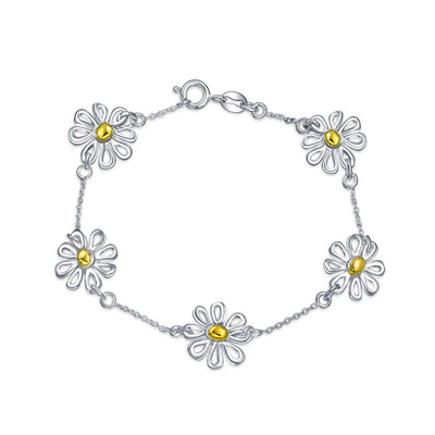 Summer Two Tone Chain Link Bracelet with Sunflower Daisy Charm Gold Plated