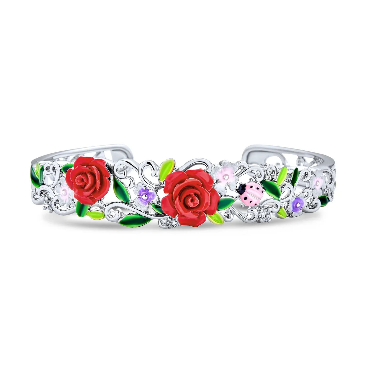 Ladybug Floral Bouquet Red Rose Cuff Bracelet in Silver Filigree Design - Bling Jewelry