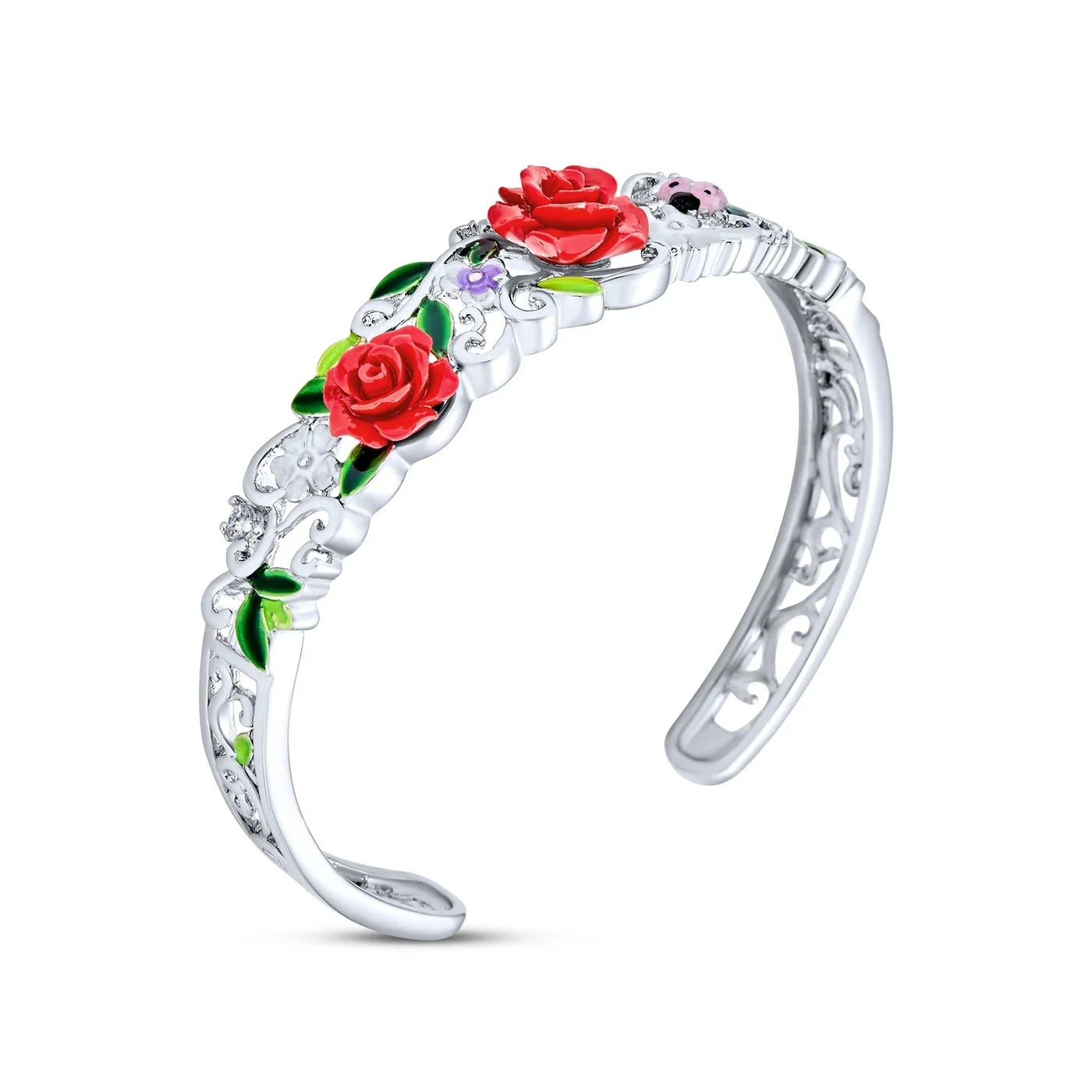 Ladybug Floral Bouquet Red Rose Cuff Bracelet in Silver Filigree Design - Bling Jewelry