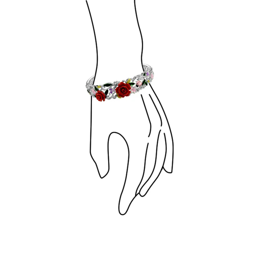 Ladybug Floral Bouquet Red Rose Cuff Bracelet in Silver Filigree Design - Bling Jewelry