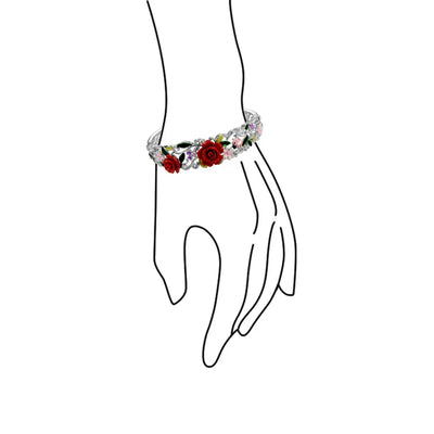 Ladybug Floral Bouquet Red Rose Cuff Bracelet in Silver Filigree Design - Bling Jewelry