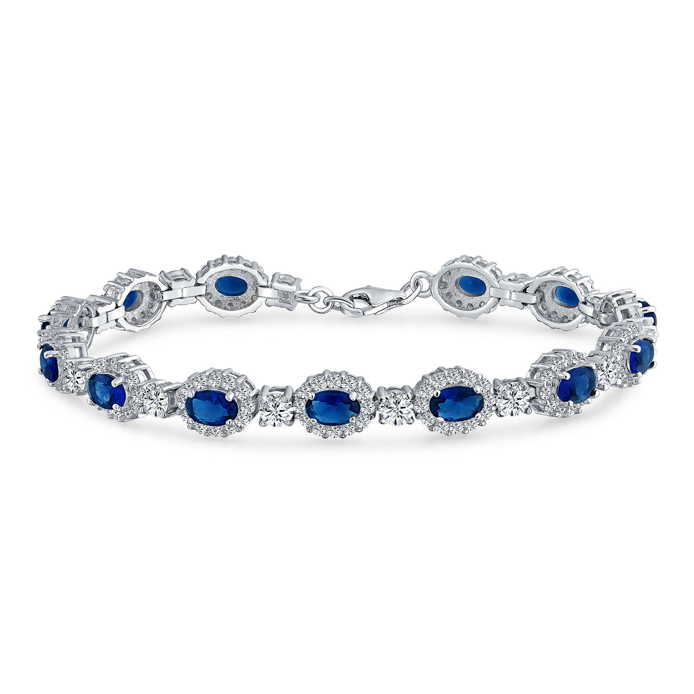 Vintage Style Halo Oval Blue CZ Imitation Sapphire Bracelet .925 Silver