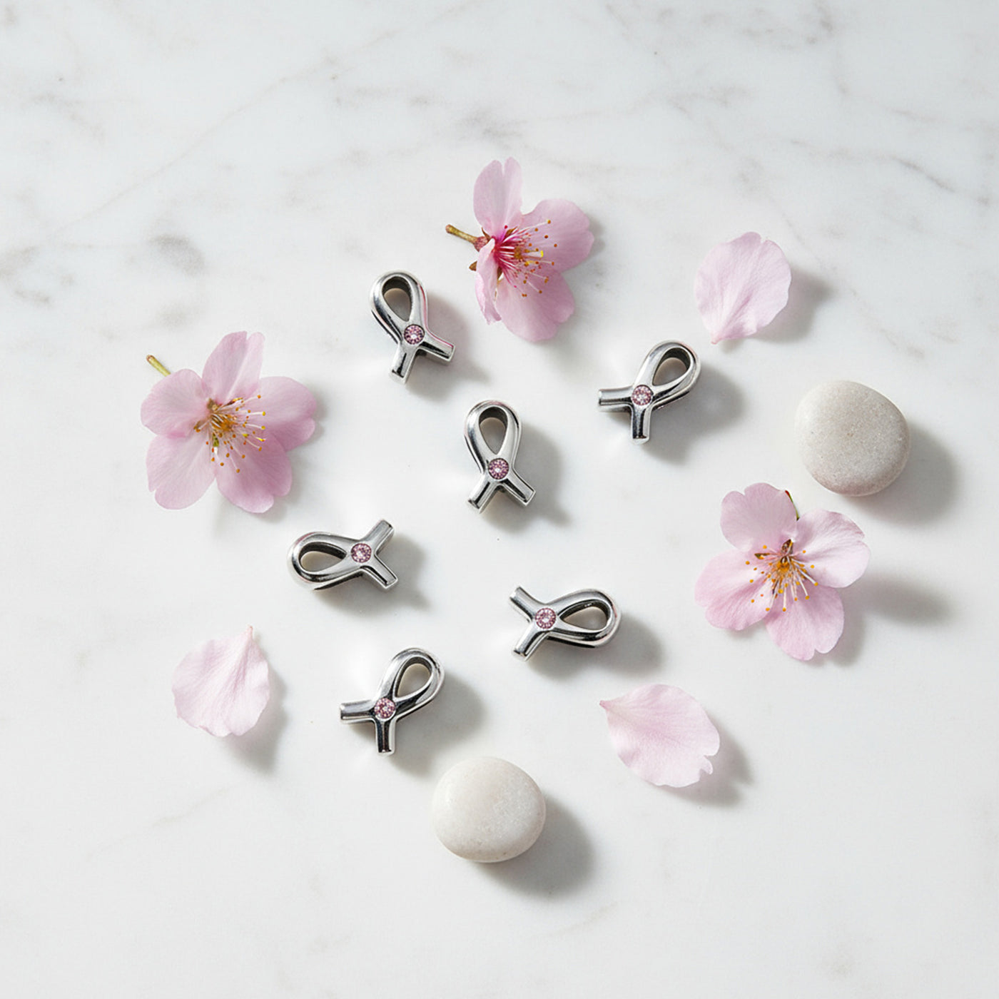 Empowering Pink Ribbon Breast Cancer Survivor CZ Charm Bead Sterling Silver Gift