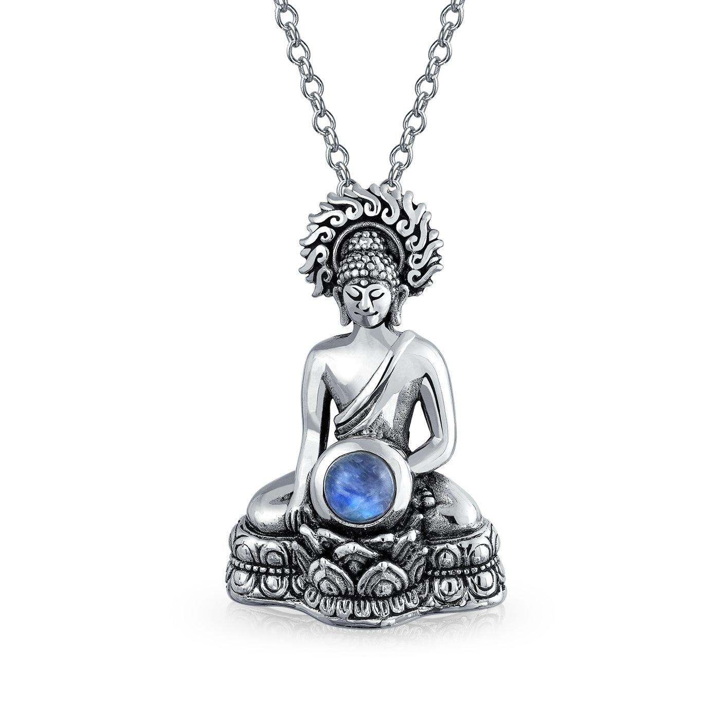 Thai Sitting Buddha Moonstone Sterling Silver Amulet Pendant Necklace