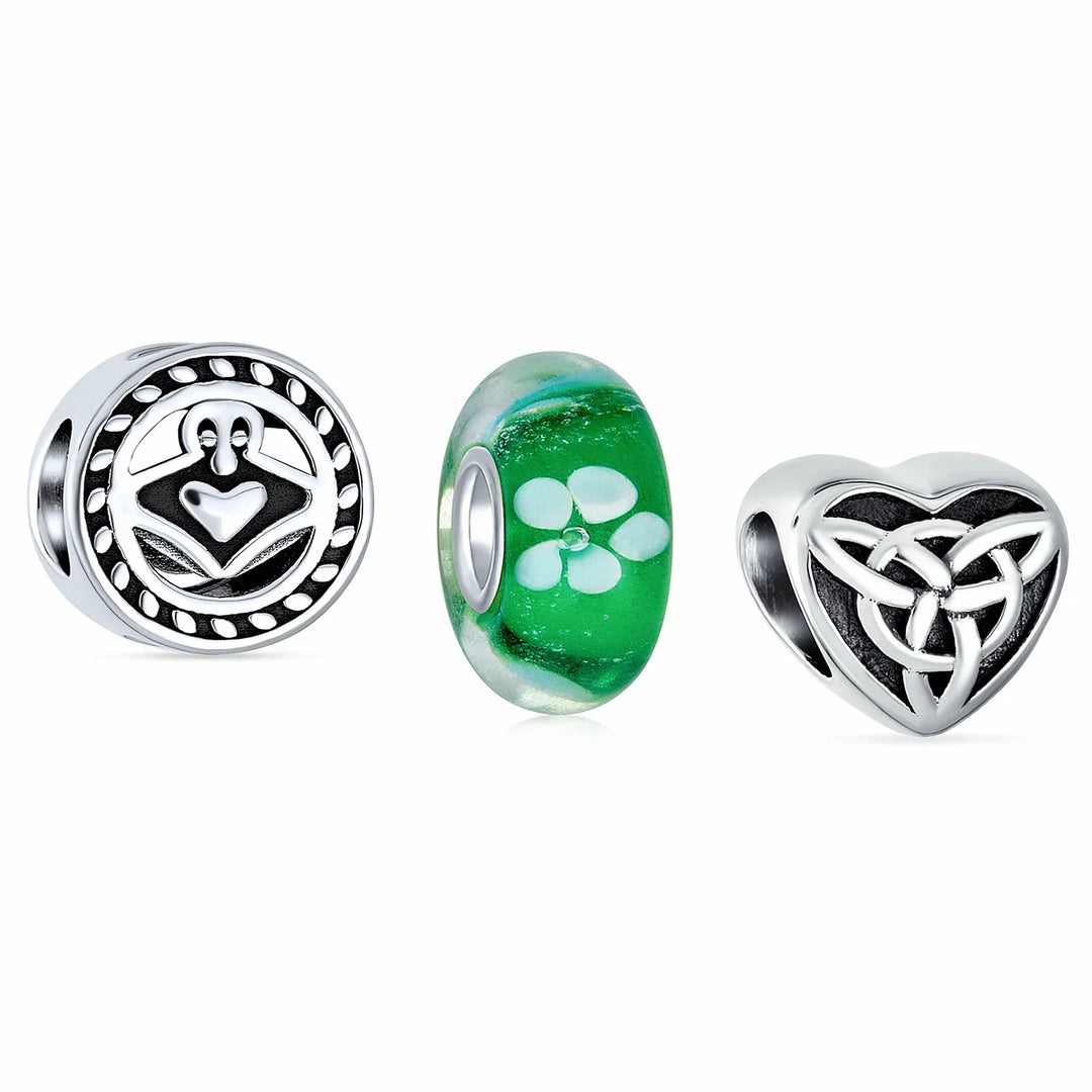 Mixed Set Silver Glass Charm Bead Celtic Shamrock Irish Green