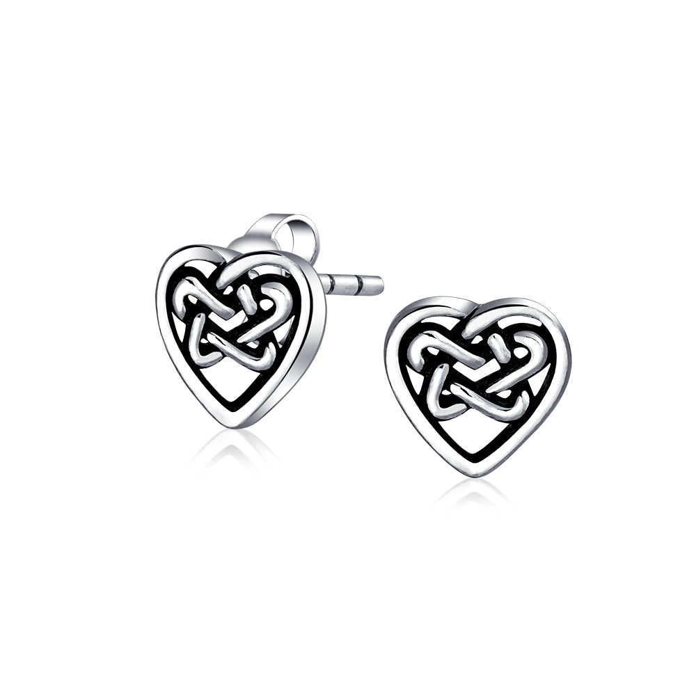 Celtic Infinity Knot Necklace & Heart Stud Earrings Set Oxidized Sterling Silver