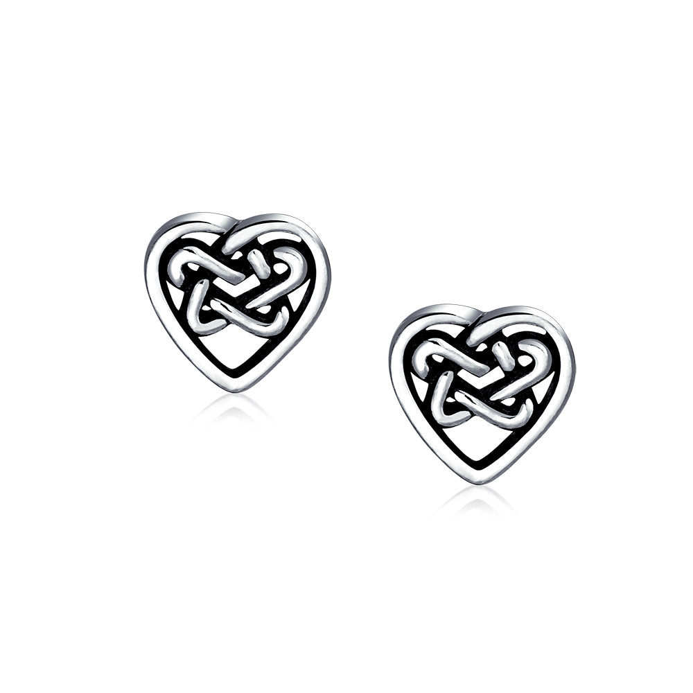 Celtic Infinity Knot Necklace & Heart Stud Earrings Set Oxidized Sterling Silver