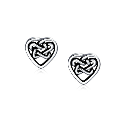 Celtic Infinity Knot Necklace & Heart Stud Earrings Set Oxidized Sterling Silver