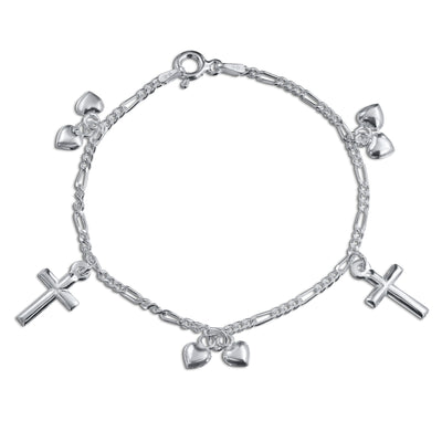 Religious Cross Hearts Multi Charm Bracelet Communion Sterling Silver
