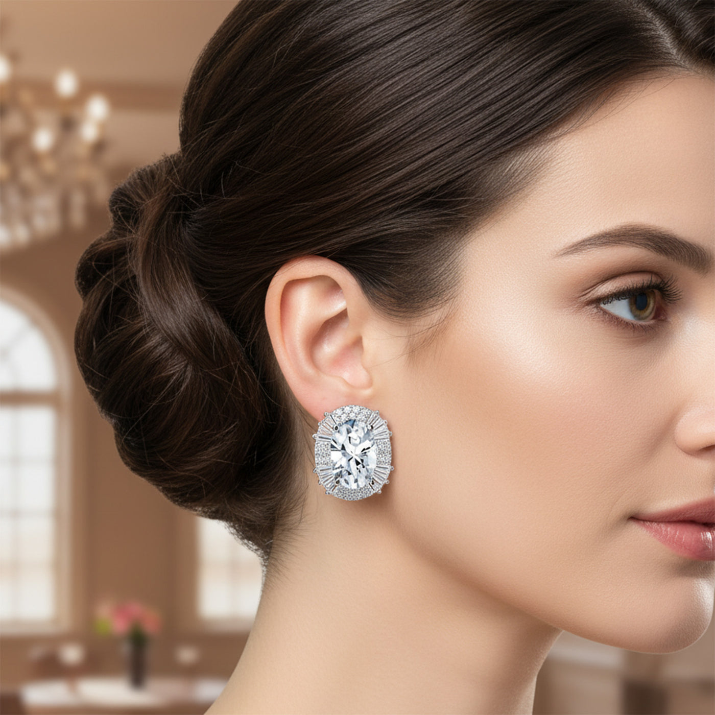 Art Deco Clip-On Earrings Large CZ Baguette Halo Non-Pierced