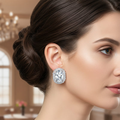 Art Deco Clip-On Earrings Large CZ Baguette Halo Non-Pierced