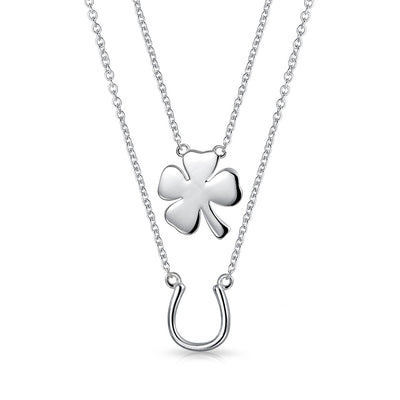 Set of 2 Four Leaf Clover & Horseshoe Pendant Necklace Sterling Silver