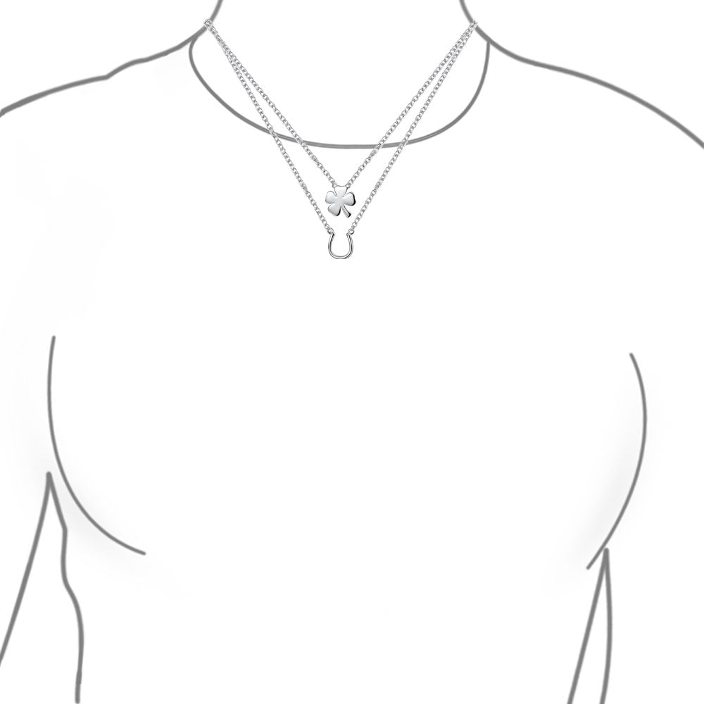 Set of 2 Four Leaf Clover & Horseshoe Pendant Necklace Sterling Silver