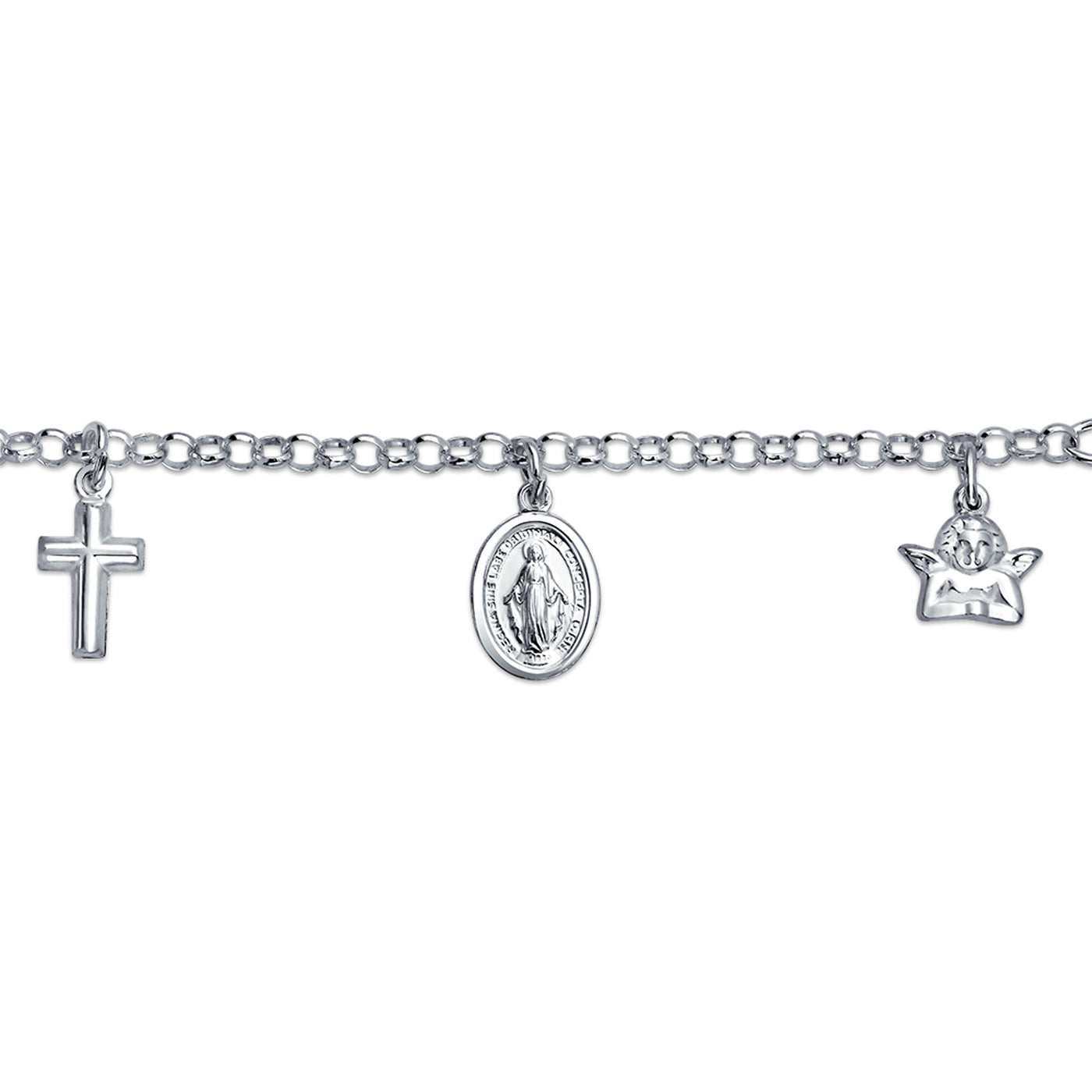 Virgin Mary Cross Dangle Religious Charm Bracelet .925 Sterling Silver