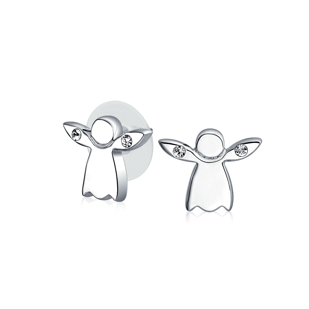 Tiny Crystal Guardian Angel Religious Stud Earrings Silver Plated