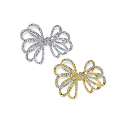 Set of 2 Large Bridal Holiday Crystal Wedding Bow Brooch Pin Silver Gold Plated