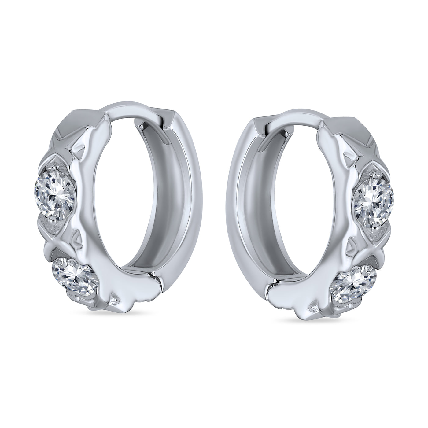 Set of 2 CZ Pave Circle & XO Crisscross Huggie Hoop Earrings Sterling Silver