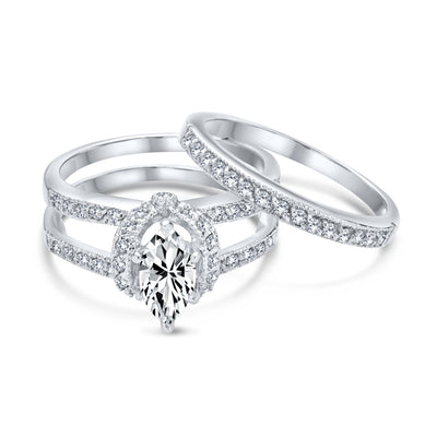 2CT CZ Halo Solitaire Marquise Baguette Band Bridal Ring Set