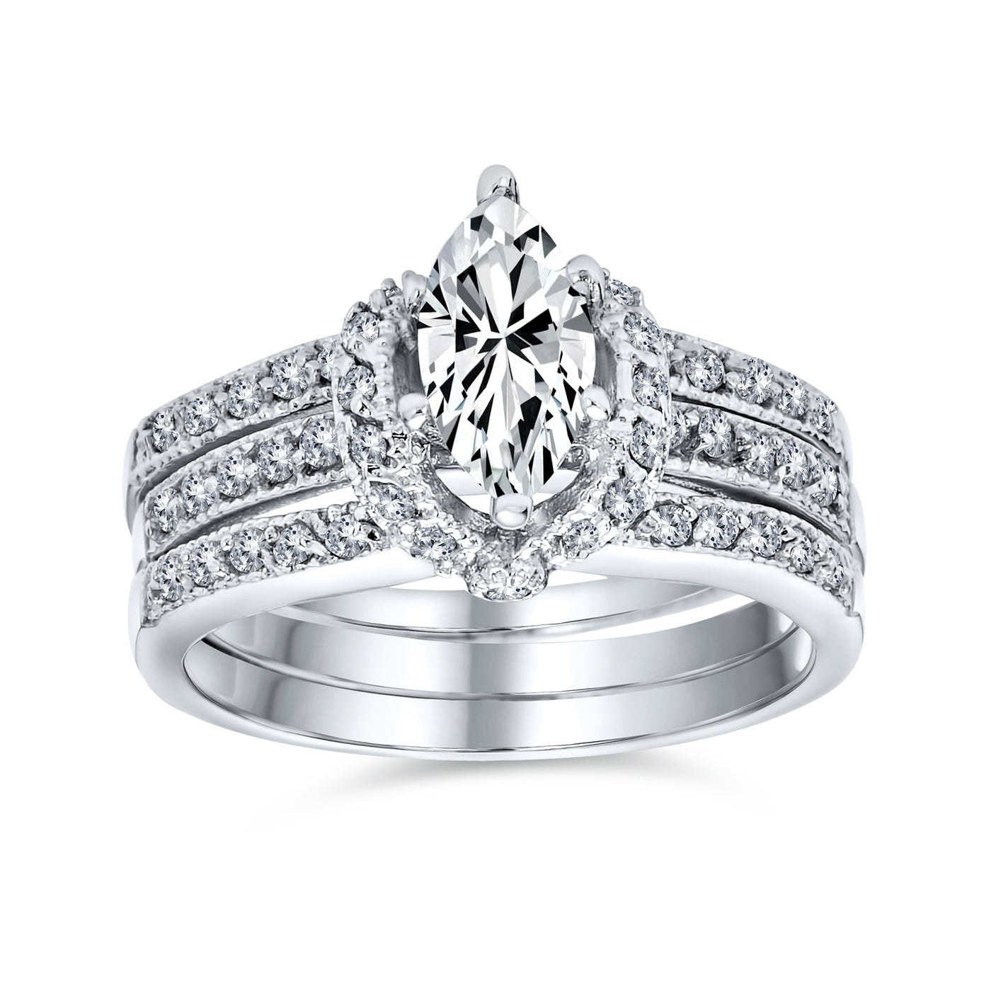 2CT CZ Halo Solitaire Marquise Baguette Band Bridal Ring Set