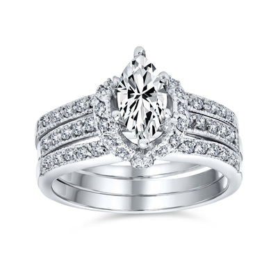 2CT CZ Halo Solitaire Marquise Baguette Band Bridal Ring Set