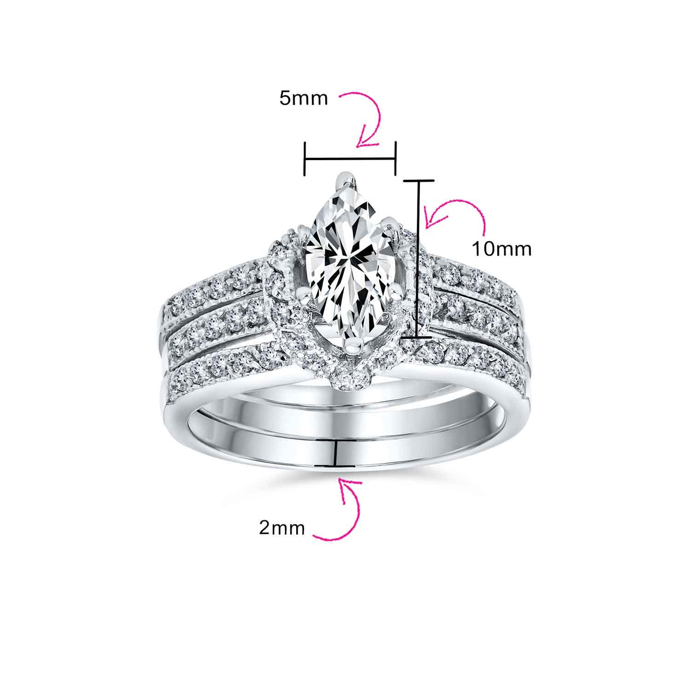 2CT CZ Halo Solitaire Marquise Baguette Band Bridal Ring Set