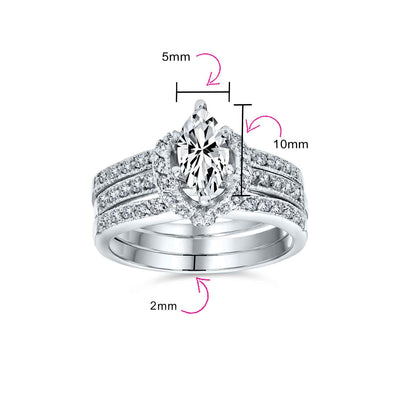 2CT CZ Halo Solitaire Marquise Baguette Band Bridal Ring Set