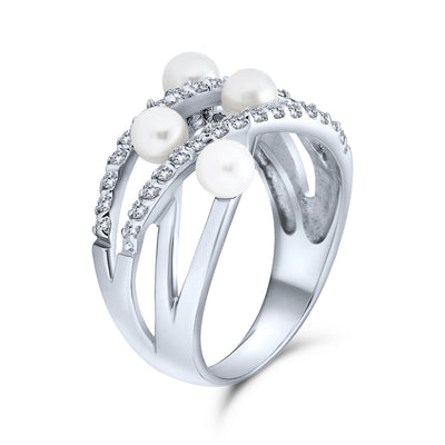 Crossover Criss Cross White Imitation Pearl Band Ring Sterling Silver
