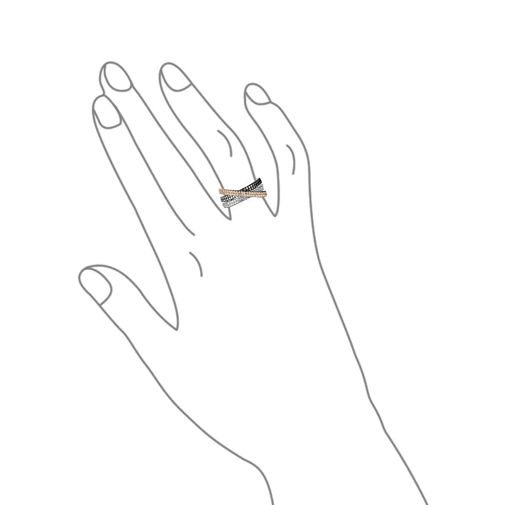 Tri Color Cocktail Statement Ring: Black White Rose Metal CZ Crossover Design